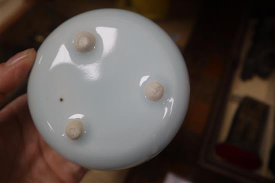Two Chinese porcelain censers, a yellow glazed cat and a blue and white spoon warmer